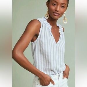 Anthropologie Cloth & Stone Sleeveless Blouse BlueWhite Stripe Ruffle Collar EUC